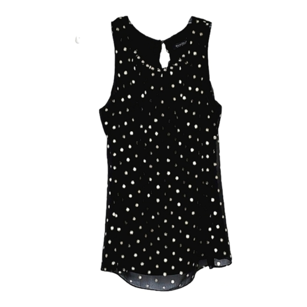White‎ House Black Market black top with gold matallic polka dots, beaded collar